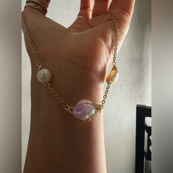🌊Custom Aura Amethyst & Pearl Choker (15") - Picture 6 of 14